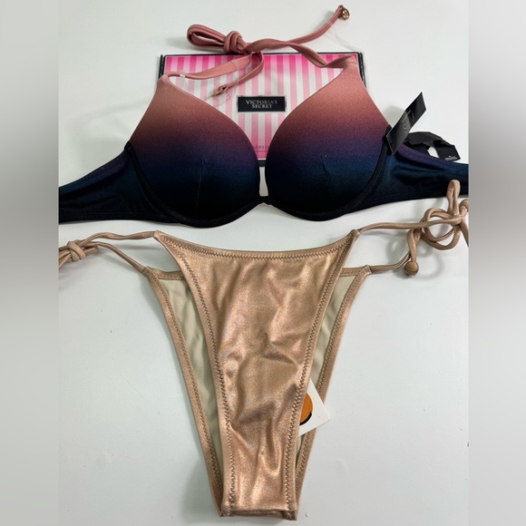 Victoria's Secret Gradient Bikini with Metallic Bottom Sz 32A PUSHUP/ Large. NWT